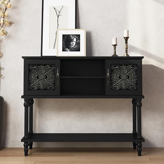 ARTPOWER 42" Vintage Console Table with Hand-Carved Doors for Hallway,Black