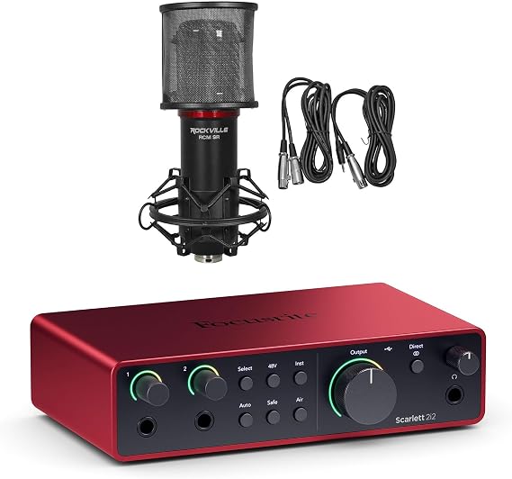 Audiosavings Bundle: Focusrite Scarlett 2i2 4th Gen Studio Recording USB Audio Interface+Software Bundle with Rockville RCM SR Studio/Recording Condenser Microphone Mic w/Samsung Capacitors (2 Items)