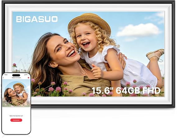 64GB 15.6" Frameo Digital Photo Frame WiFi Black White - 1920 * 1080P FHD IPS Touch Screen Large Electronic Picture Frames, Auto Rotate, Wall Mountable, Sharing Photos and Videos