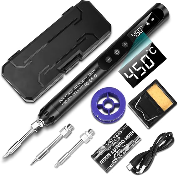 Cordless Soldering Iron Kit with Stand, Portable USB Soldering Iron Set with LCD, Adjustable Temperature 200-450°C, 3 Soldering Tips, for Repairing Circuit Board, Welding Repair - Black