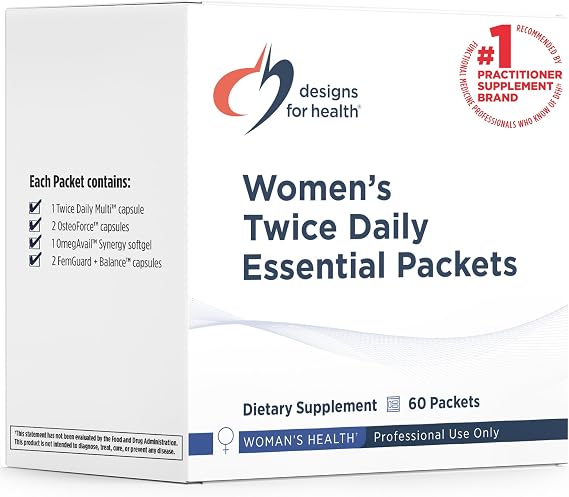 Designs for Health Women's Twice Daily Essential Packets, 60 Packets | Vitamin Packs with Iron-Free Multivitamin, OsteoForce Bone Support,