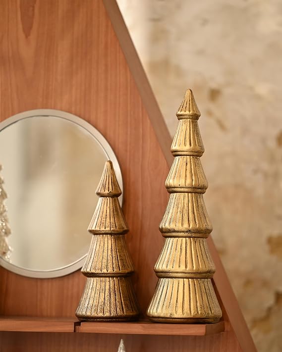 WONDROUS' DECO Christmas Tree Figurine Gold Wooden, Tree Figurines Decorative for Tabletop, Small Glittered Golden Xmas Trees Figurines for Christmas Mantle Indoor Decor
