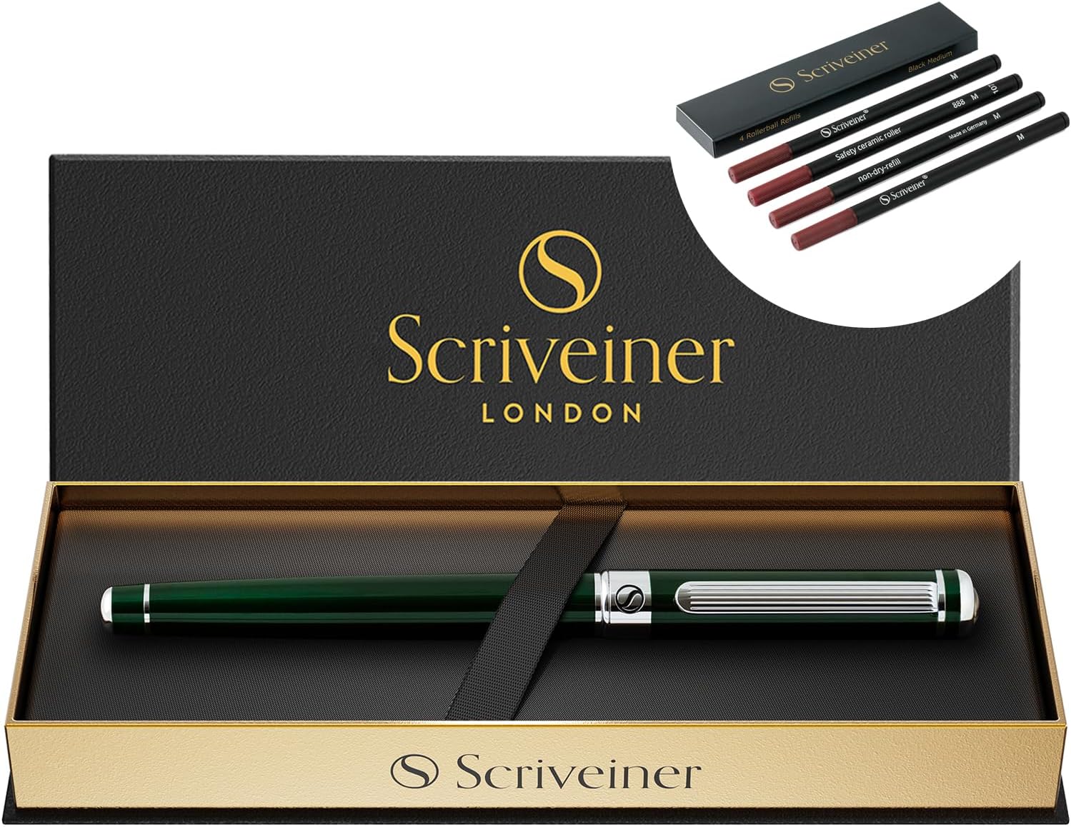 Scriveiner British Racing Green Rollerball - Stunning Luxury Rollerball Pen, Chrome Finish bundle with Rollerball Refill Black Medium - 4 Rollerball Refills in one box