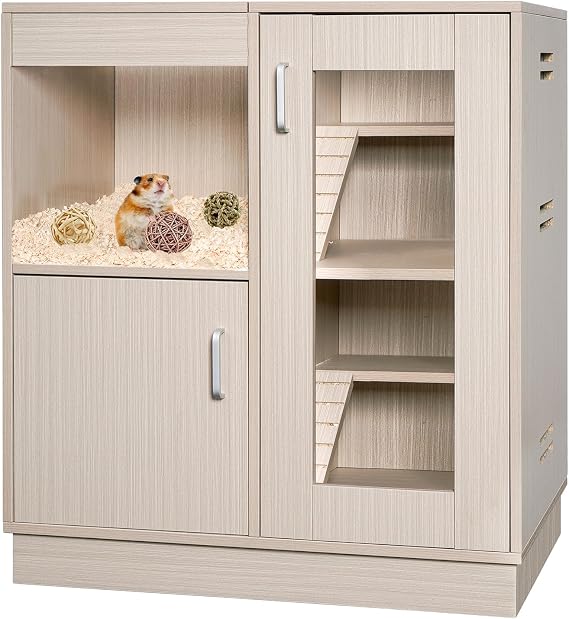 Hamster Cage Furniture with Storage Cabinet, Guinea Pig Cages Small Animal Cage with Openable Top and Acrylic Windows, Decorative Pet House Large Habitat for Hedgehog Gerbil and Rat 31.4"x15.8"x34.7"
