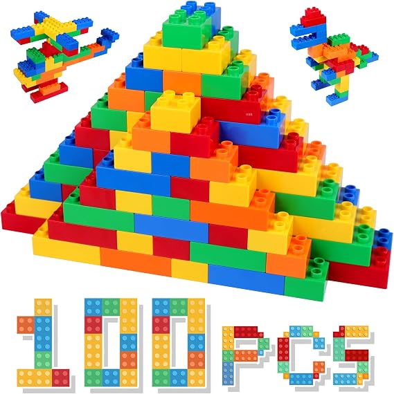 Large Building Block Set, 100 Building Blocks, Compatible with Duplo Building Bricks, Suitable for Children Aged 3 4 5 6 Years, A Great Building Block Gift for Boys and Girls.