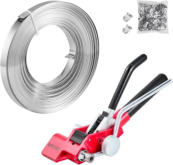 VEVOR Steel Banding Strapping Kit, Heavy Duty Banding Sealer Tool with 100 ft Binding Straps, 100 Metal Clasps, Manual Pallet Packaging Strapping Kit for Warehouse, Transportation, Industrial Bundling