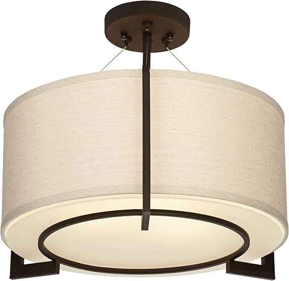 Stinson 17 1/4" Wide Linen Bronze 3-Light Semi-Flush Mount Ceiling Fixture | Modern Drum Shade Frosted Glass Diffuser for Bedroom Kitchen Living Room Hallway Dining Bathroom