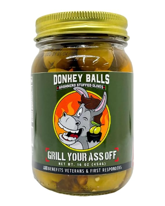 Grill Your Ass Off Donkey Balls Habanero Green Olives, 16 oz | Pitted green olives with habanero peppers, hot and spicy, no MSG, gluten-free, made in USA