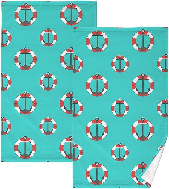 Anchors Life Rings Hand Towels for Bathroom - Soft Cotton Hand Towel Set of 2, Absorbent Quick Drying Hand Towels for Hotel, Bathroom, Shower, Spa, 28" X 16"