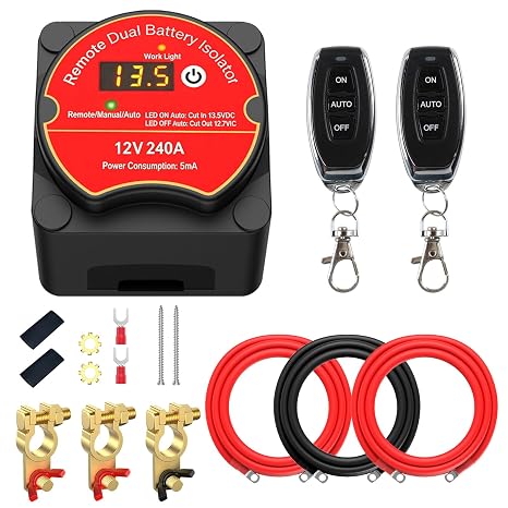 12V 240A Dual Battery Isolator Kit with Remote Control, LCD Display Voltage Sensitive Relay (VSR) for Dual Battery Setup,Compatible with Truck Van RV ATV UTV Boat