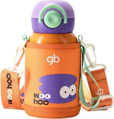 gb Insulated Water Bottle for Kid with Straw & Handle, Direct Drink Spout, BPA-Free, SUS316 Stainless Steel, 12-Hour Temperature Retention, Leak-Proof, Adjustable Oxford Sleeve, Orange