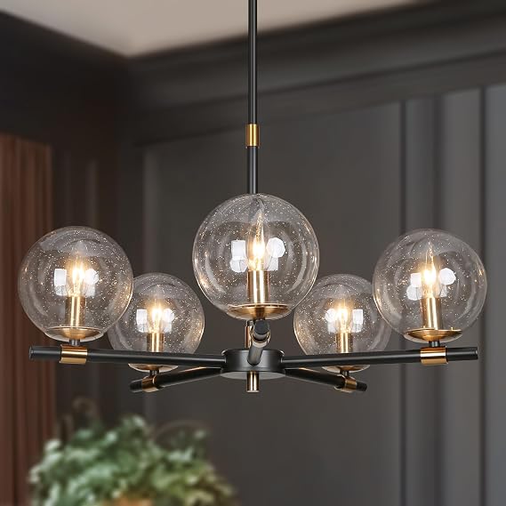 KSANA Black and Gold Chandelier, Modern 5-Light Dining Room Chandelier Light Fixture with Seeded Glass Globes for Kitchen, or Living Room