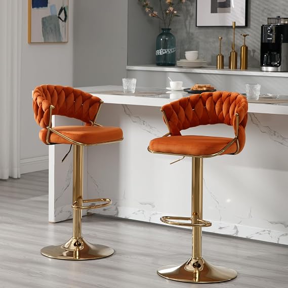 Ya-Home Modern Swivel Bar Stools Set of 2, Velvet Adjustable Barstools Counter Height Bar Chairs with Woven Backrest Metal Base for Kitchen Island Dining Room, Orange