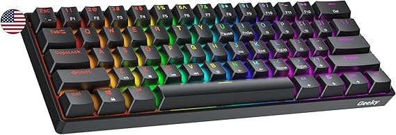 Geeky GK61 SE 60% | Mechanical Gaming Keyboard | 61 Keys Multi Color RGB LED Backlit for PC/Mac Gamer | ANSI US American Layout (Black, Mechanical Speed Silver)