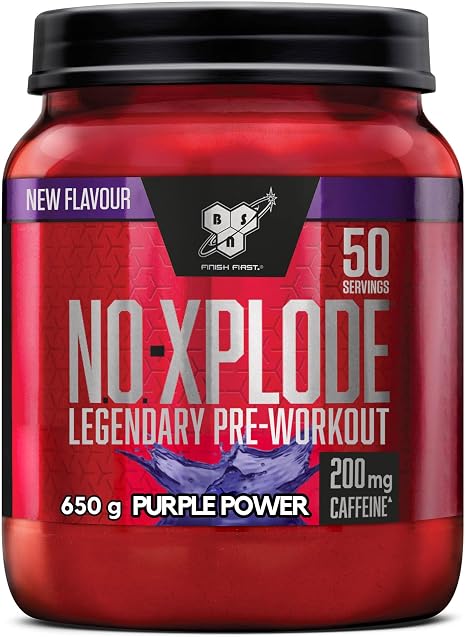 BSN Nutrition N.O.-Xplode Pre-Workout Powder Dietary Supplement More Energy and Concentration with Caffeine Amino Acids Vitamin C and Zinc Purple Power Flavour 50 Servings 650 g