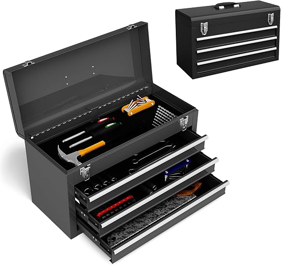 ERGOMASTER Portable Tool Box, Metal Tool Box with 3 Drawers, Lockable Heavy Duty Tool Chest Storage Toolbox for Garage, Workshop (Black)