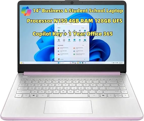 New Business & Student School Laptop 14" HD 4-core Processor N150 4GB RAM 128GB UFS Copilot Key Webcam USB-C HDMI Wi-Fi 6 up to 11 Hrs Battery Life +1 Year Office 365 Win 11 H in S Mode Honey Lavender