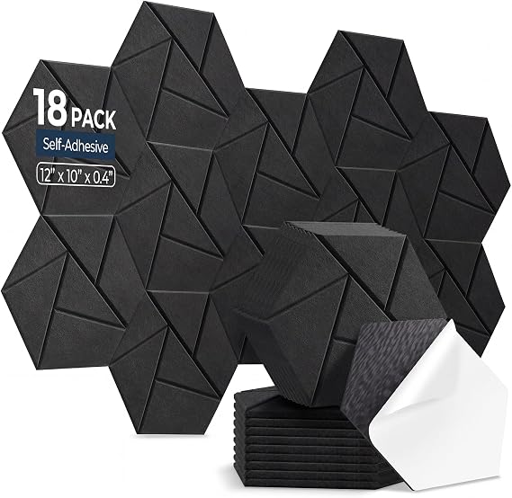 18 Pack Hexagon Acoustic Panels Self-Adhesive, High Density Sound Absorbing Panels for Walls, Soundproofing Foam Panels for Studio, Home Office, Gaming Room, Recording Room（Charcoal Black）