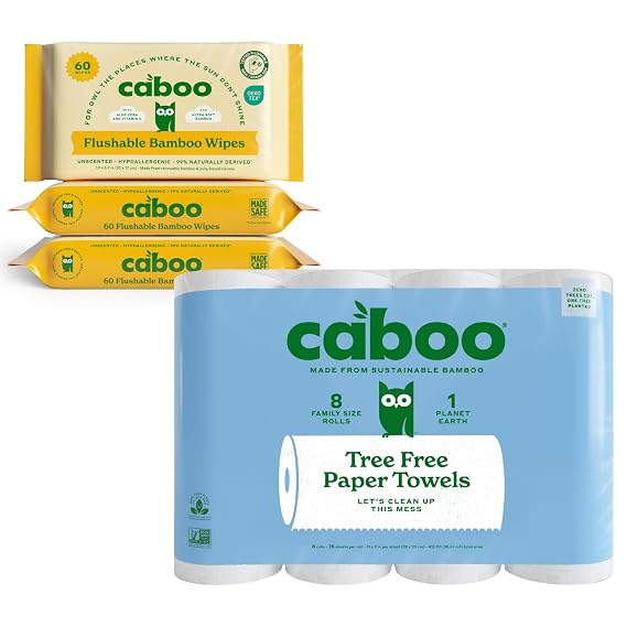 Caboo Flushable Wipes 3 Pack + Paper Towel 8 Pack Bundle - Natural Bamboo Based Paper Products - Sustainable Alternative to Plastics and Papers for Home, Travel, and Personal Care