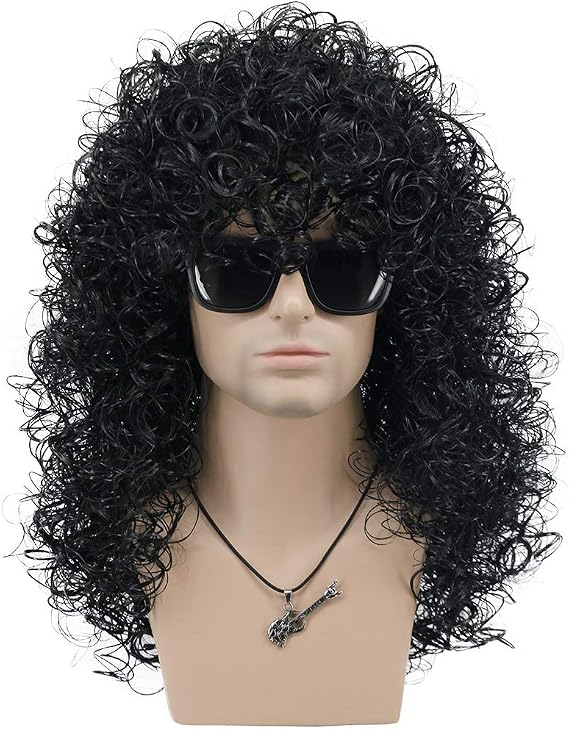 VGbeaty Mens Slash Long Curly Black Hard 70s 80s Rocker Wig Halloween Costume Cosplay Wig (Black)