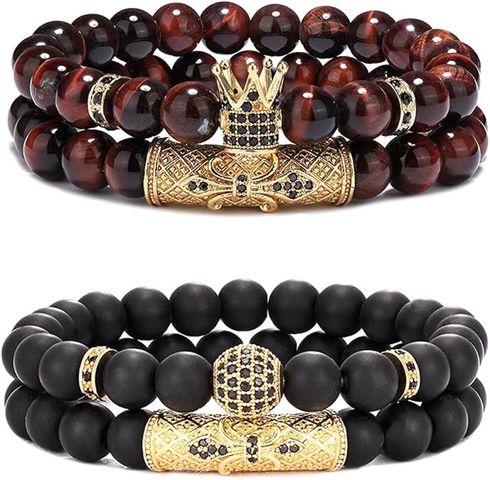 SAMOCO 4 Pcs 8mm Crown King Beaded Bracelets for Men Women