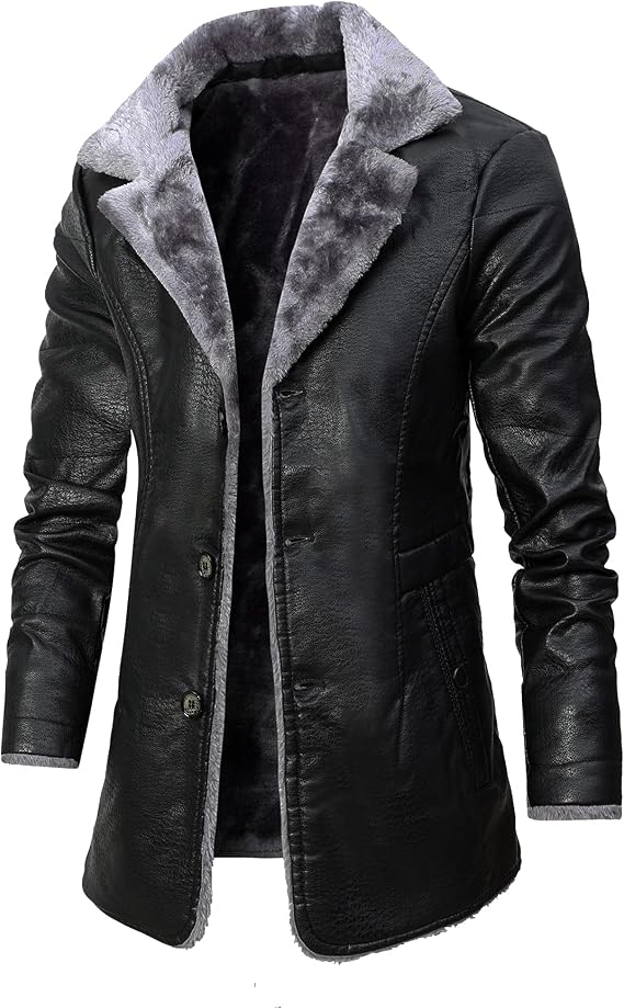Men's Faux Leather Jacket Thick Faux Fur Shearling Lapel Collar Botton Down Long Trench Coats Black Brown