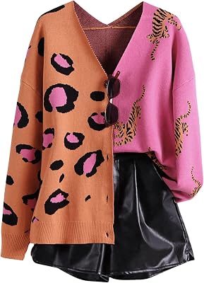 WDIRARA Womens Leopard Tiger Print Cardigan V Neck Long Sleeve Color Block Button Down Sweater Outwear