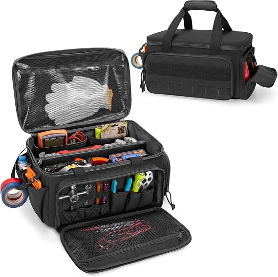 Tool Bag for Men, Open Mouth Electrician Tool Bag with Reinforced Base | Heavy Duty, Anti-friction, Large Capacity Work Bag for Tools, Storage Pouch for Carpenters, Repairmen, DIY ( Black)