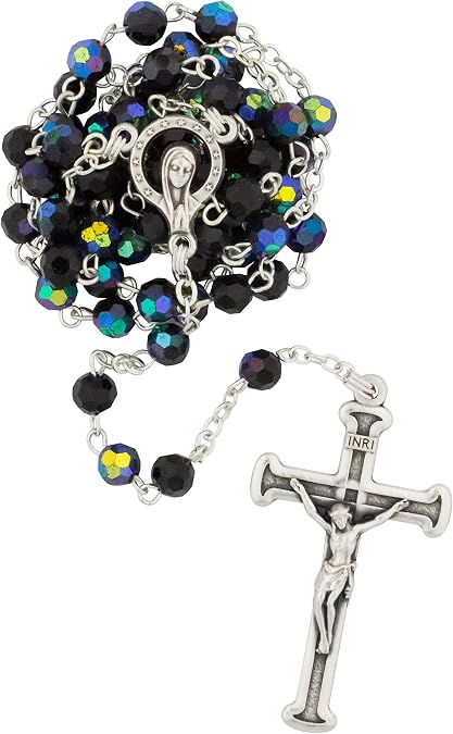 Classic Crystal Style Rosary with Silver-Tone Crucifix | Plastic Multi-Faceted Hail Mary Beads | Great Catholic Gift for First Holy Communion | Made in Italy