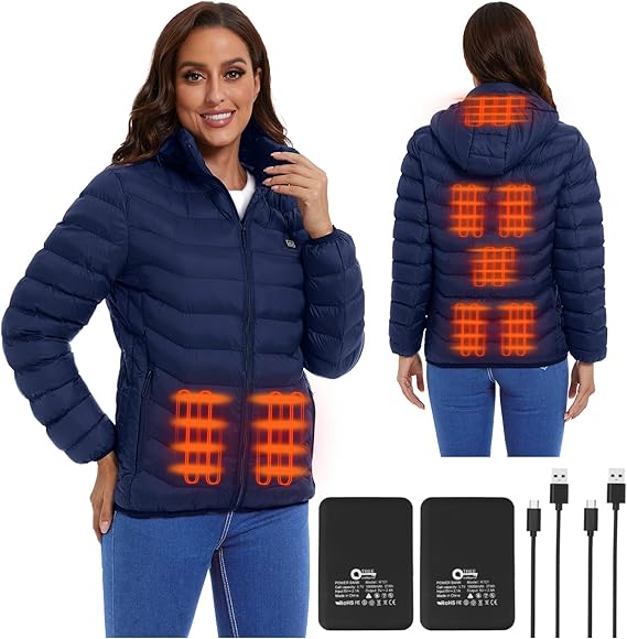 Womens heated jacket with 2pack 10000mAh Battery Pack, QTREE Lightweight Heated Coat with 8 Areas Heating