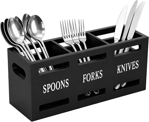 Kitchen Utensils Holder for Counter, Wooden Utensil Organizer for Storage Cooking and Silverware, Black Cooking Utensil Storage Box for Countertop,Wood Organizer with 3 Compartments,Rustic Minimalist.