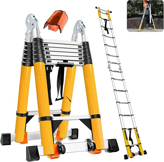 18FT Telescoping Aluminum A-Frame Ladder - EN131 Approved, 330lbs Capacity, Foldable to 39", w. Balance Bars & Wheels, Portable Metal Ladder for Car Trunk, 7+7 Foot Adjustable Step Ladders