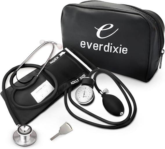 Dixie EMS Aneroid Sphygmomanometer and Dual Head Stethoscope Set with Adult Size Blood Pressure Cuff, Calibration Key and Carrying Case Black