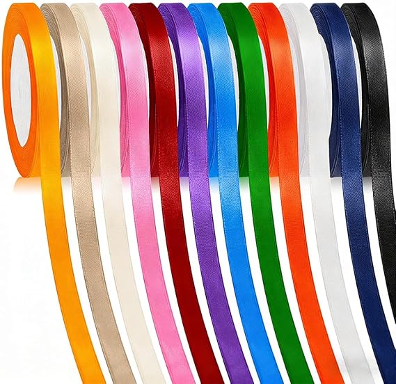 12 Colours Polyester Satin Ribbon, 10mm x 22m Each - for Gift Wrapping, Crafting, Hair, Balloon, Christmas, Wedding & Birthday Fabric Ribbons