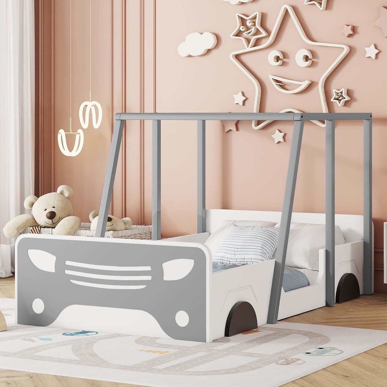 Wooden Race Car Bed for Boys,Kids Car Bed&Twin Car Bed Frame with Wheels,Roof,Doors,Guardrail,No Box Spring Needed,Noise Free,Heavy Duty,Easy Assembly Grey