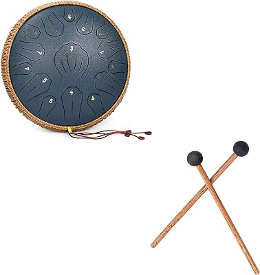 13 Inch 15 Note Tongue Drum, Navy Blue Handpan Musical Instrument for Adults Kids, 8.2 Steel Tongue Drum Mallets, Rubber Xylophone Mallets