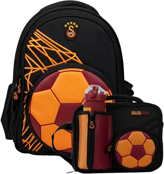 Galatasaray Erkek Çocuk İlkokul Çantası ve Beslenme Çantası Seti (Fotbol Topu Şekilli) Sarı - Kırmızı - SETGS26912B