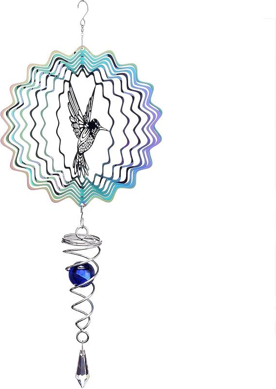 Lpraer Hanging Wind Spinner 6 Inch Stainless Steel 3D Colorful Kinetic Mandala Wind Spinner With Ball Spiral Tail for Outdoor Yard Garden(Hummingbird)