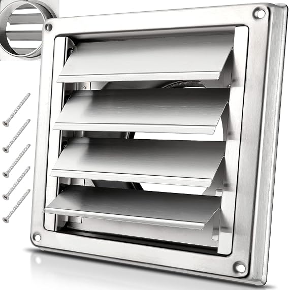 4" Metal Dryer Vent Cover for Exterior Wall, Stainless Steel | Weather & UV-Resistant with 4 Screws Rubber Gasket, Exterior Wall Vent Cover with Louvre for Dryer, AC Vents Range, Hood Vent
