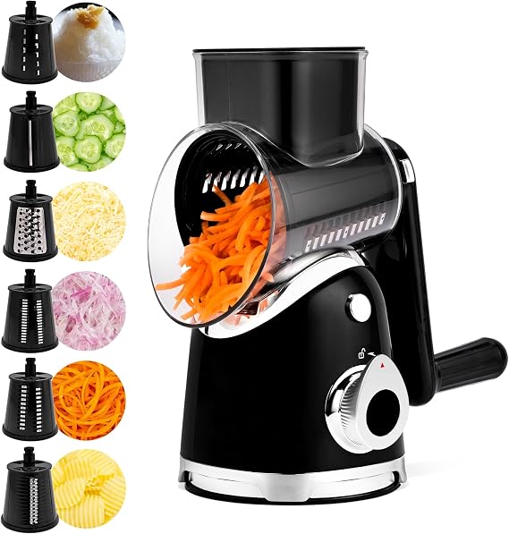 SUSTEAS Rotary Cheese Grater Hand Crank, Kitchen Shredder Vegetable Slicer | 6 Blades, Strong Suction Base, Wider Innet, Easy to Clean, for Veggie, Cheese, Ice, Nuts with Blade Storage Case, Black