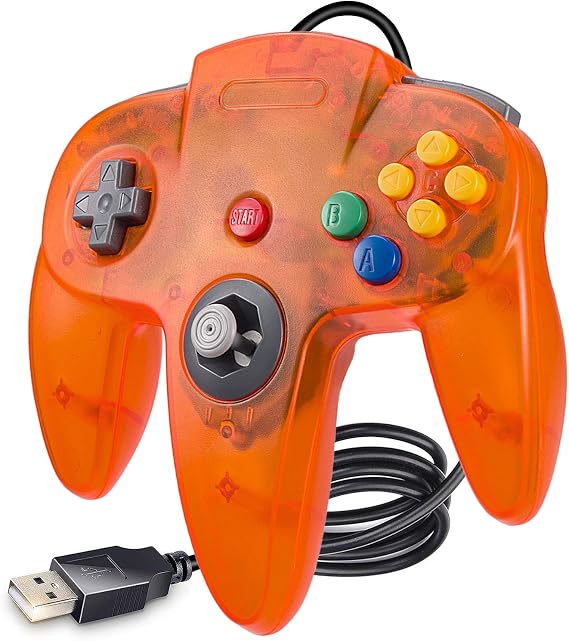 KIWITATA Classic N64 USB Controller, Remote N64 Wired PC Emulator Joystick Game Controller for Windows 7 8 11& MAC & Linux Clear Orange