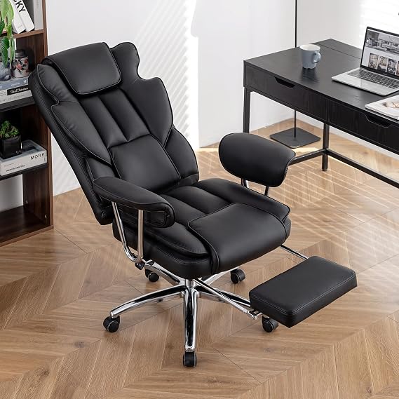 Swivel Ergonomic Office Chair, Big and Tall Executive Office Chair with Footrest, Leather Computer Chair, Large Home Office Chair (Black)