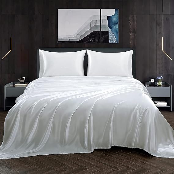 100% Mulberry Silk Duvet Cover Set - 3-Piece Set - 19 Momme Grade 6A Mulberry Silk - Features Zipper Closure and Corner Ties, Twin/Twin XL 68"x 90"- Denim White