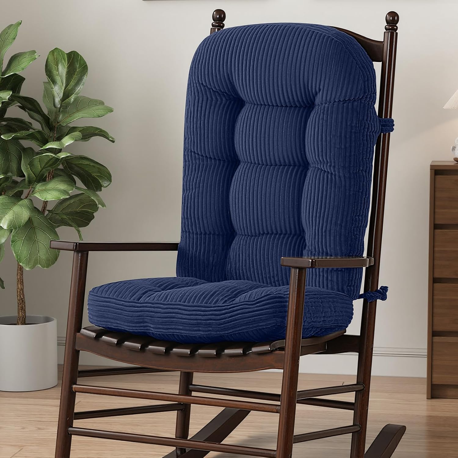idee-home ロッキングチェアクッション インドア用 Glider Rocker 交換用クッション 取り外し可能なコーデュロイカバー付き 木製ロッキングチェアパッド ハイバック、滑り止めボトムタフテッドシートパッド、ひも付き、ネイビー