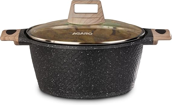 AGARO Imperial Granite Non Stick 4L/24cm Cast Aluminium Casserole with Glass Lid, Biriyani Pot, Sauve Pot, Gas & Induction Compatible, Black