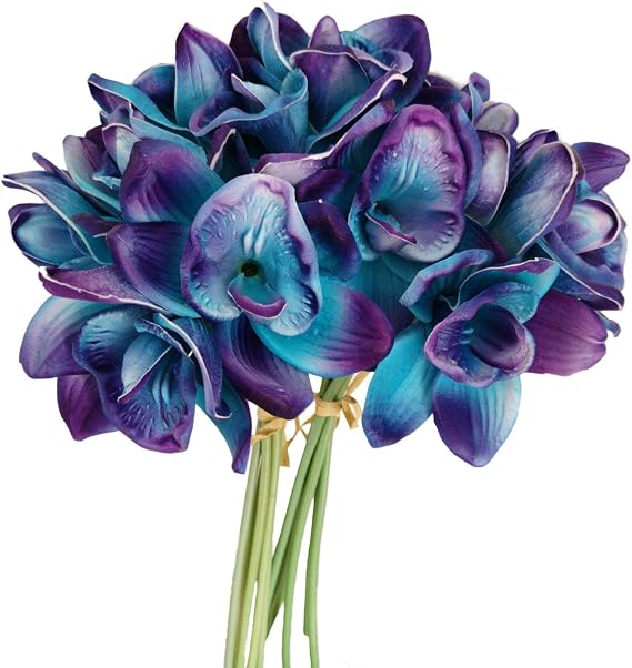 Artificial Flowers Purple Turquoise Orchid Stem Real Touch Flowers Set of 12 Stems