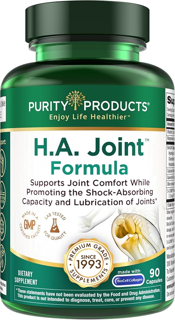 Purity Products HA Joint Formula Hyaluronic Acid + Key CoFactors | Joint + Skin Multi Collagen (Type I, II & III) - 5-Loxin - Olive Fruit Extract, Joint Flexibility + Mobility, 90 Capsules (1)