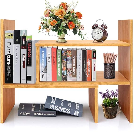 Bamboo Desk Storage Organizer, Desktop Display Shelf Rack, Multipurpose Bookshelf for Office &amp; Home, Expandable Desktop Stand Bookshelf, Office Storage Rack - Free Style Displa Natural Stand Shelf