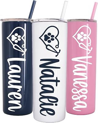 Personalized Vet 20 oz Stainless Steel Skinny Tumbler with Vinyl Decal - Includes Straw and Lid - Vacuum Insulated - Personalized Gift for Vet, Vet Tech, Veterinarian