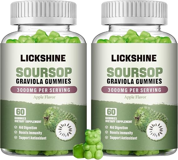 lickshine 2 Pack Soursop Graviola Gummies - 3000mg Extra Strength Soursop Leaves Supplement with Vitamin C, Zinc - Digestive Aid, Immune Support & Antioxidant - Sugar-Free, Non-GMO, Vegan, 120 Counts